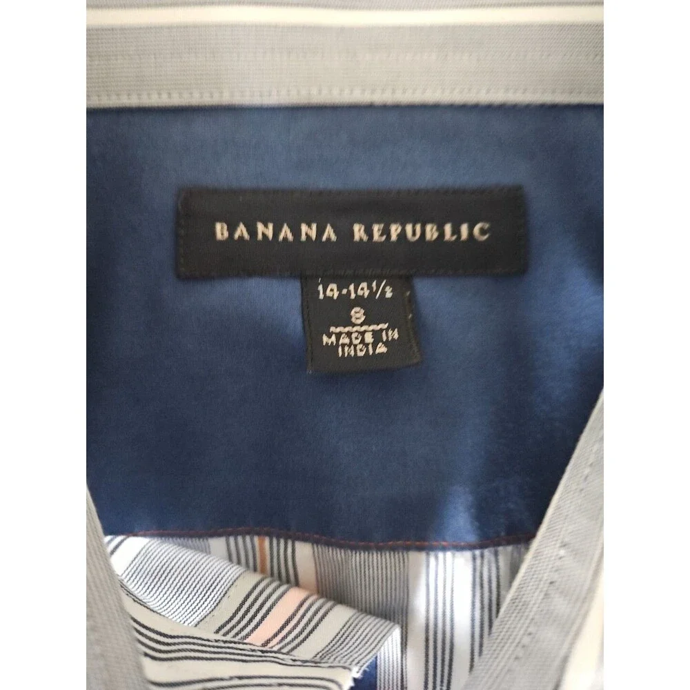 Banana Republic Mens Small 14-14 1/2 Button Front L/S White Blue Stripe Orange